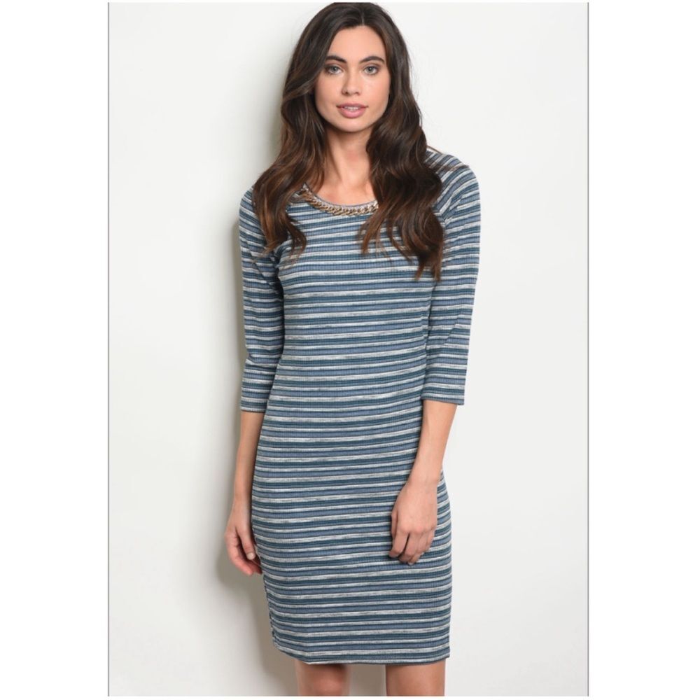 3/4 Sleeve BLUE GRAY STRIPE DRESS